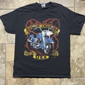 Vintage 90s Biker Lightning AOP Shirt Large Men Motorcycle Pinup Black Faded Tee